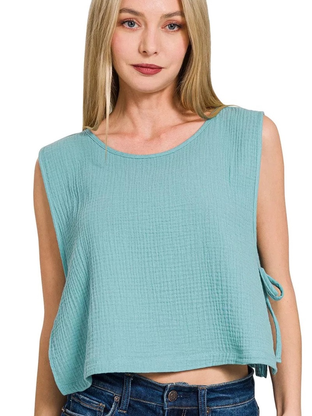 Zenana Outfitters Aqua Sleeveless Textured Crop Top with Side Tie